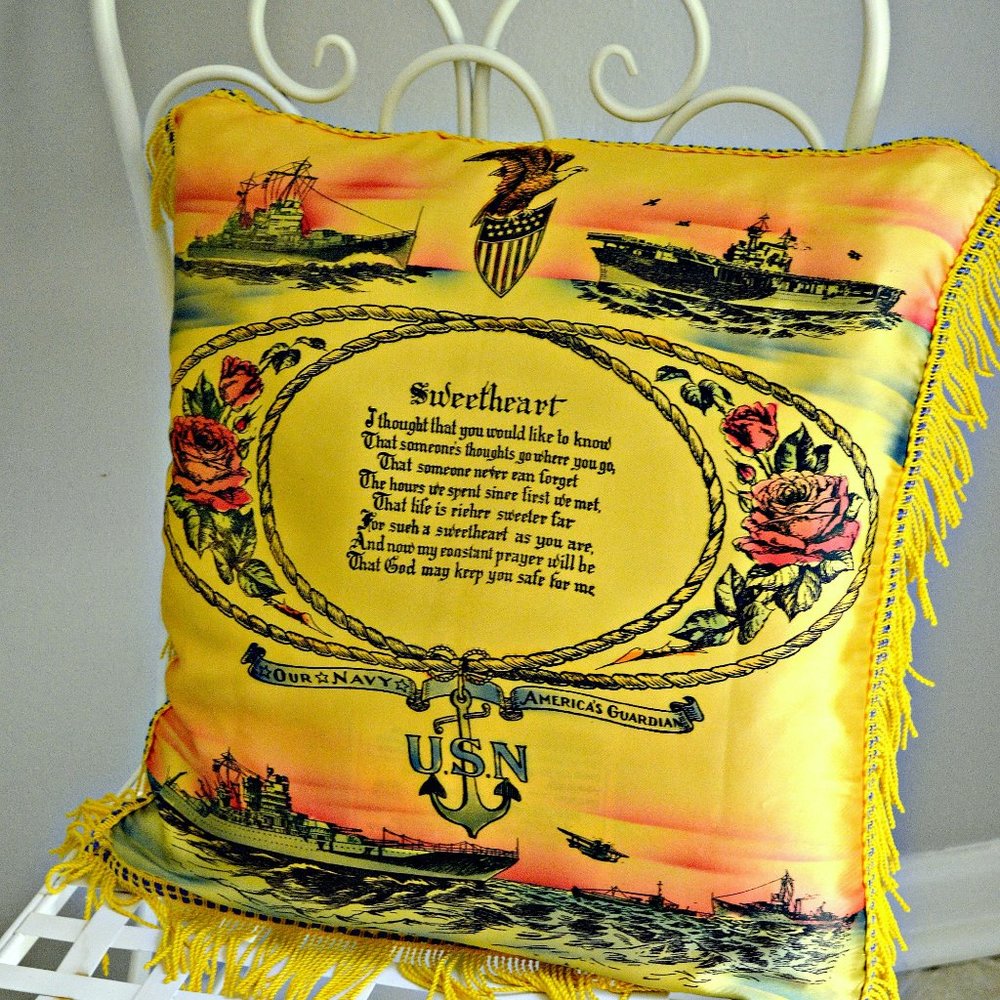 Vintage 40s Navy Sweetheart Sovereign Throw Pillow - Picture 8 of 8